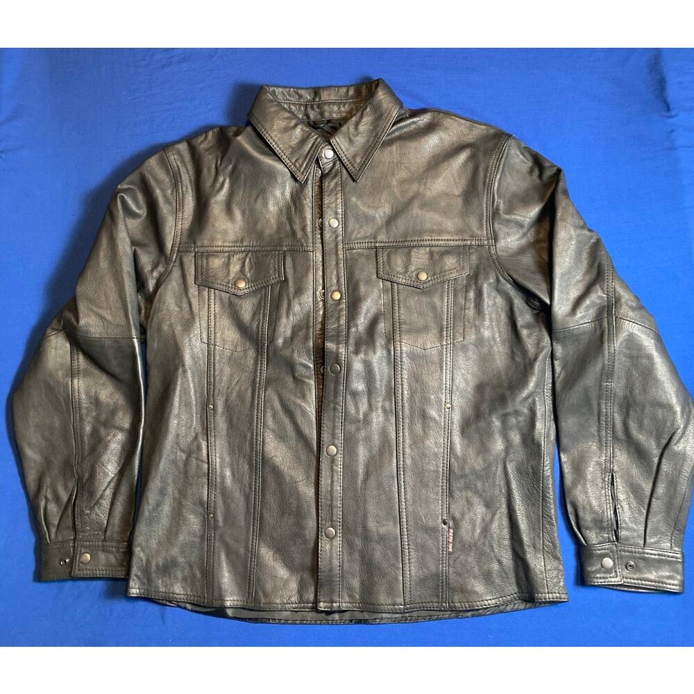 Redline Men's Black Snap Snap-Down Leather Coat Jacket 2XL